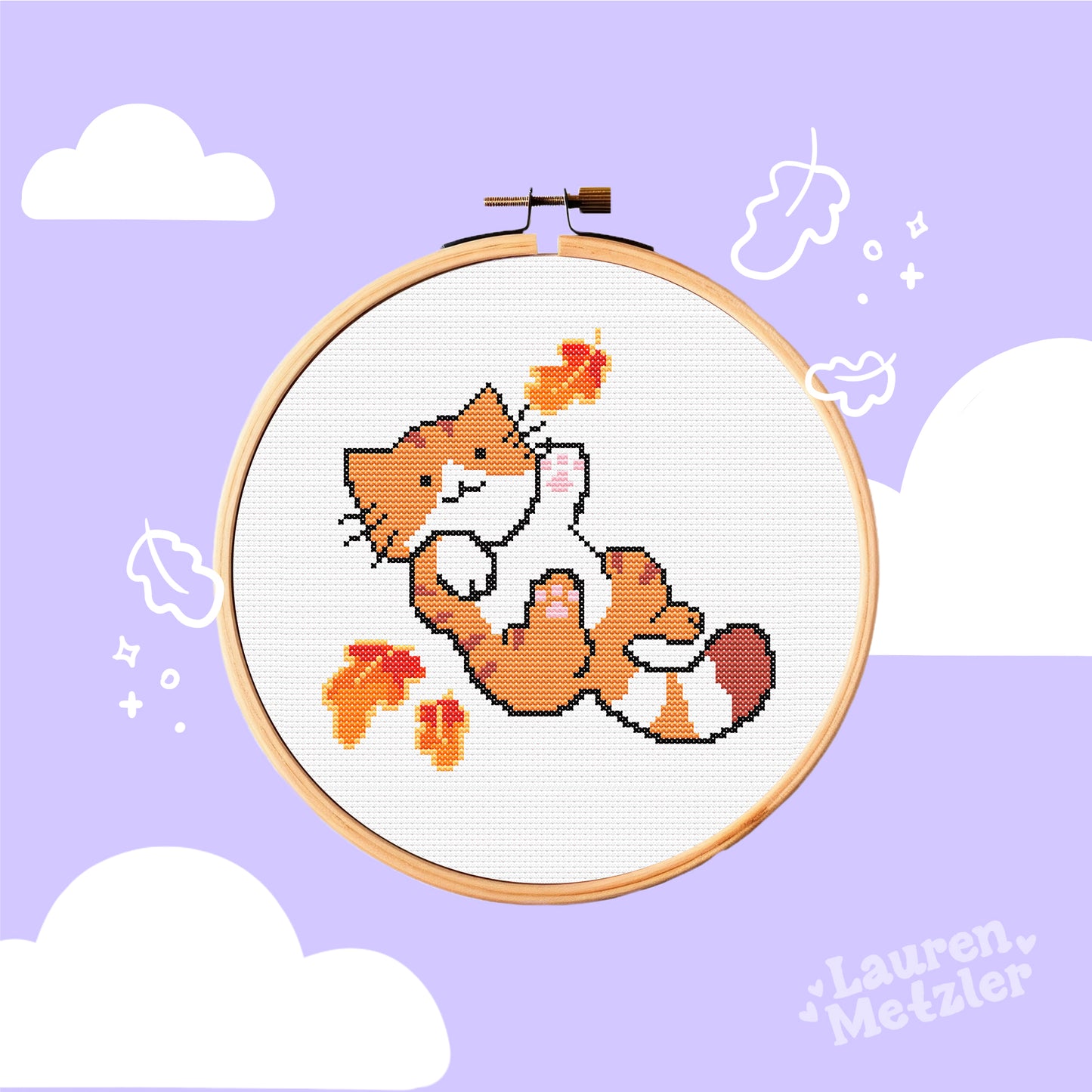 Cinnamon Cat Cross Stitch Pattern PDF | Cozy Fall Kitty Embroidery Design for Halloween & Autumn Decor