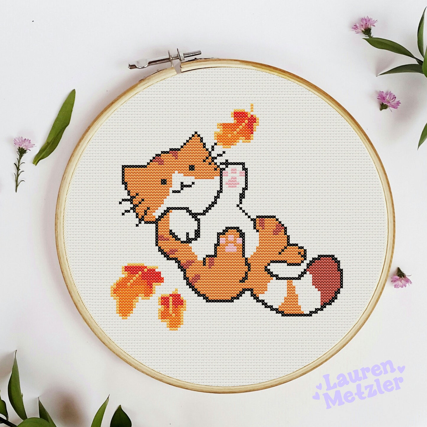 Cinnamon Cat Cross Stitch Pattern PDF | Cozy Fall Kitty Embroidery Design for Halloween & Autumn Decor
