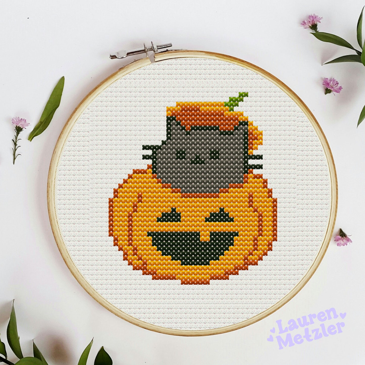 Butternut Pumpkin Cat Cross Stitch Pattern PDF | Cozy Fall Kitty Embroidery Design for Halloween & Autumn Decor