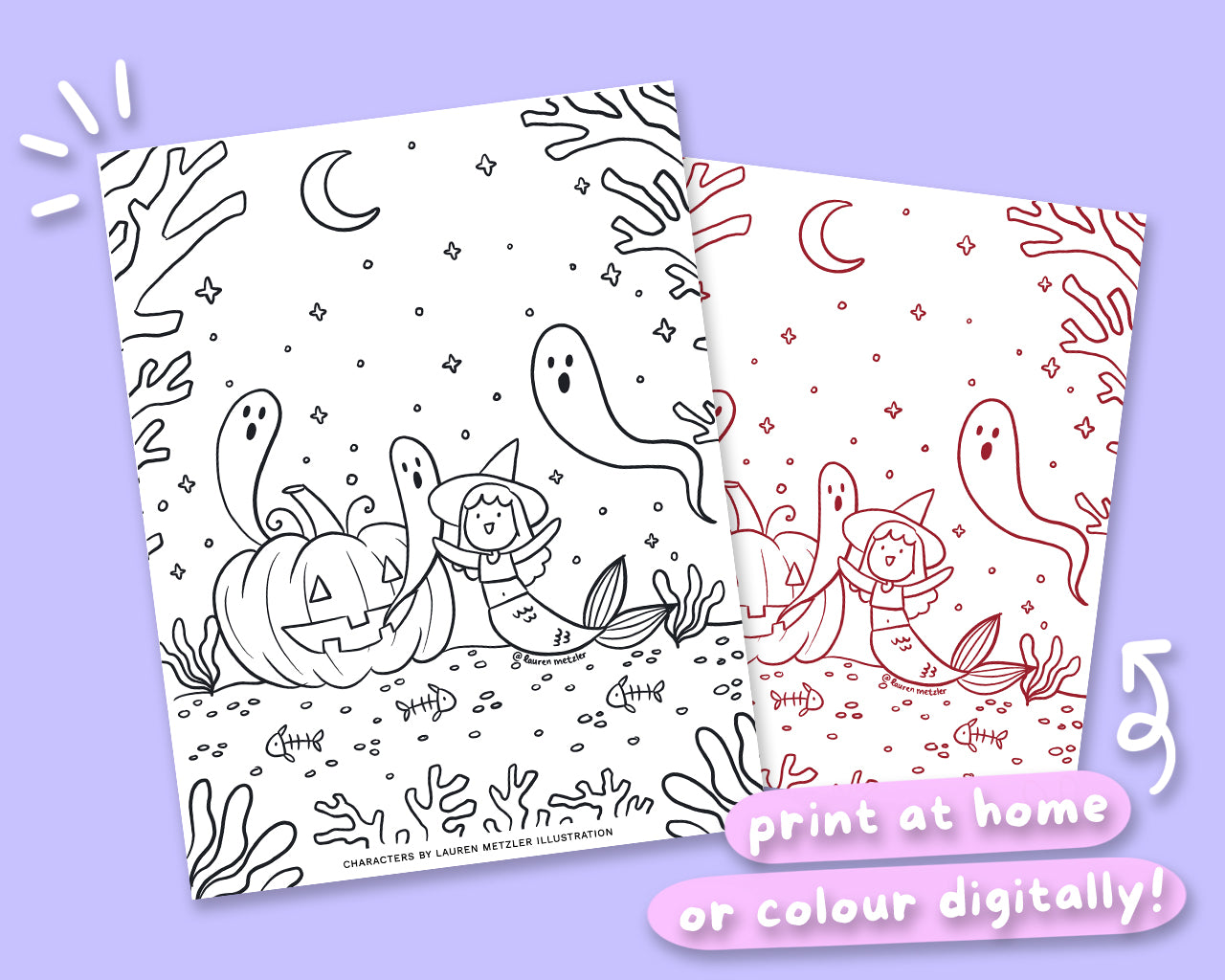 Ghost Mermaids Cute Kawaii Colouring Page Digital Download | Printable Ghost Mermaids Colouring Sheet for Home | Lauren Metzler Colouring Book Page (Copy) (Copy)
