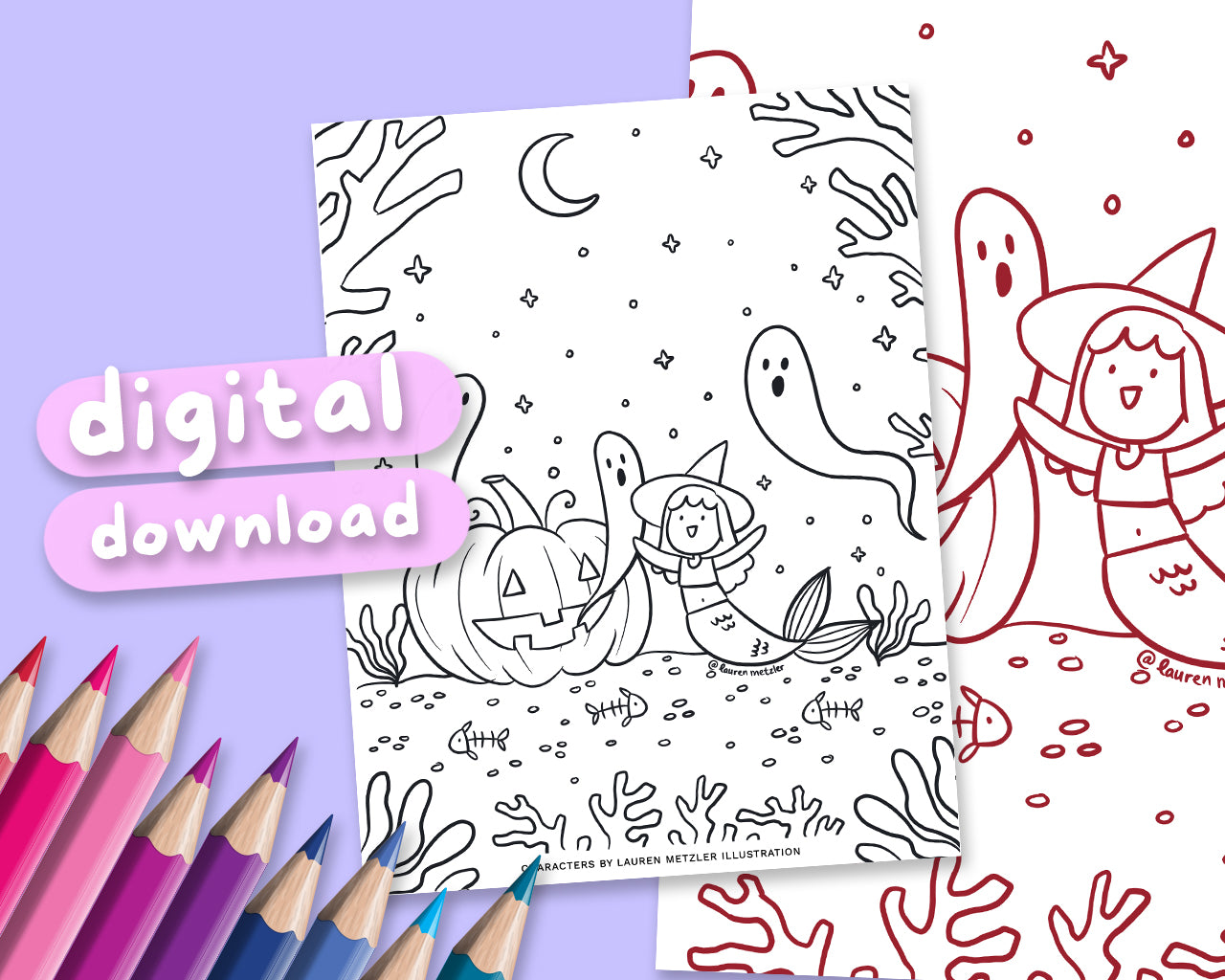 Ghost Mermaids Cute Kawaii Colouring Page Digital Download | Printable Ghost Mermaids Colouring Sheet for Home | Lauren Metzler Colouring Book Page (Copy) (Copy)