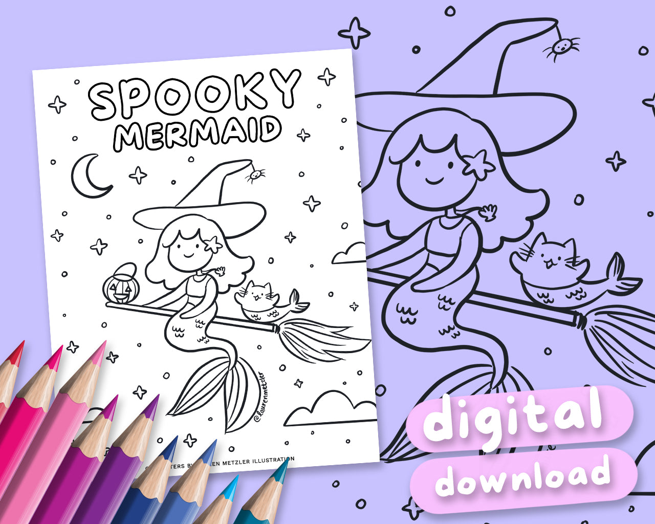 Spooky Mermaids Cute Kawaii Colouring Page Digital Download | Printable Spooky Mermaid Colouring Sheet for Home | Lauren Metzler Colouring Book Page