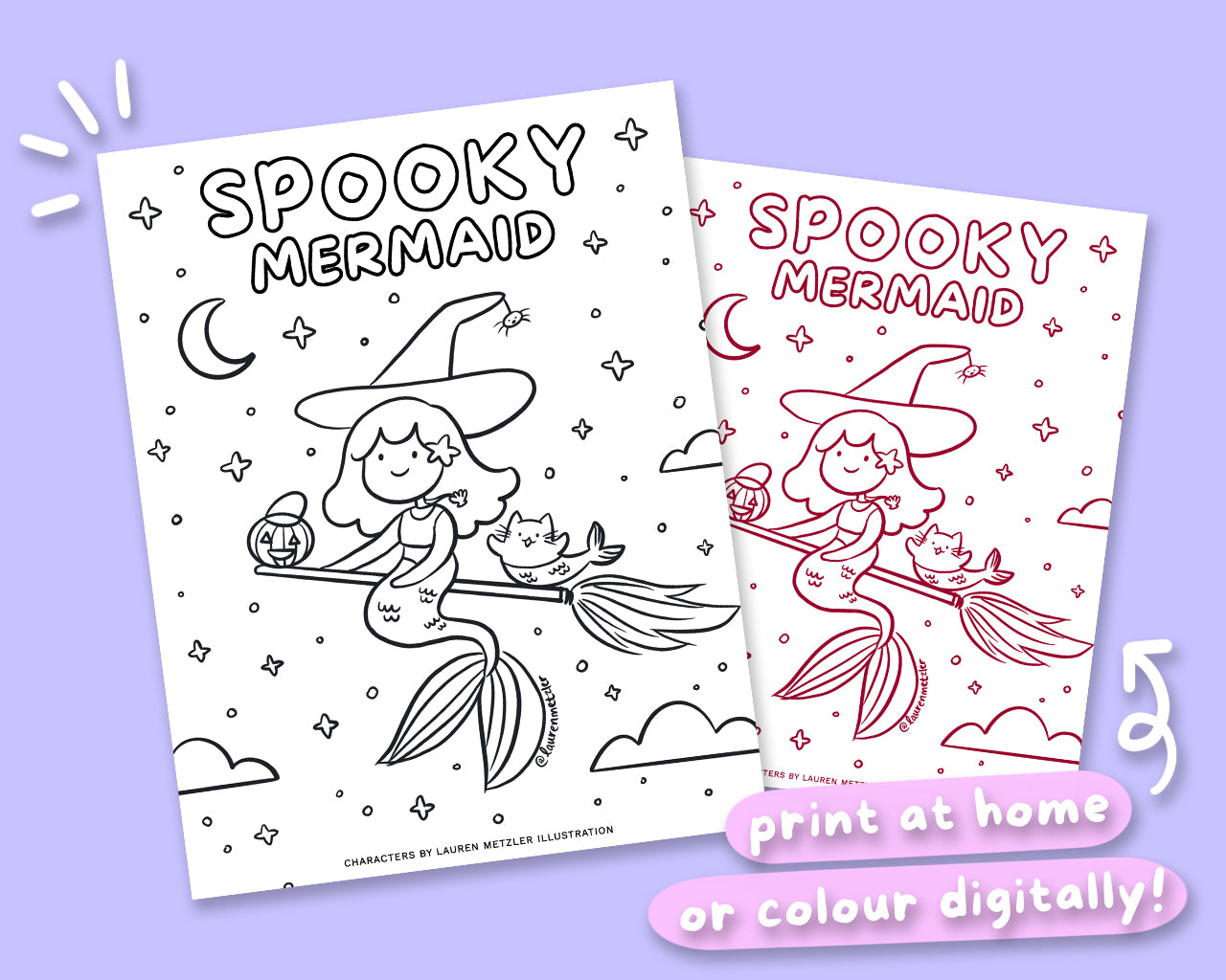 Spooky Mermaids Cute Kawaii Colouring Page Digital Download | Printable Spooky Mermaid Colouring Sheet for Home | Lauren Metzler Colouring Book Page