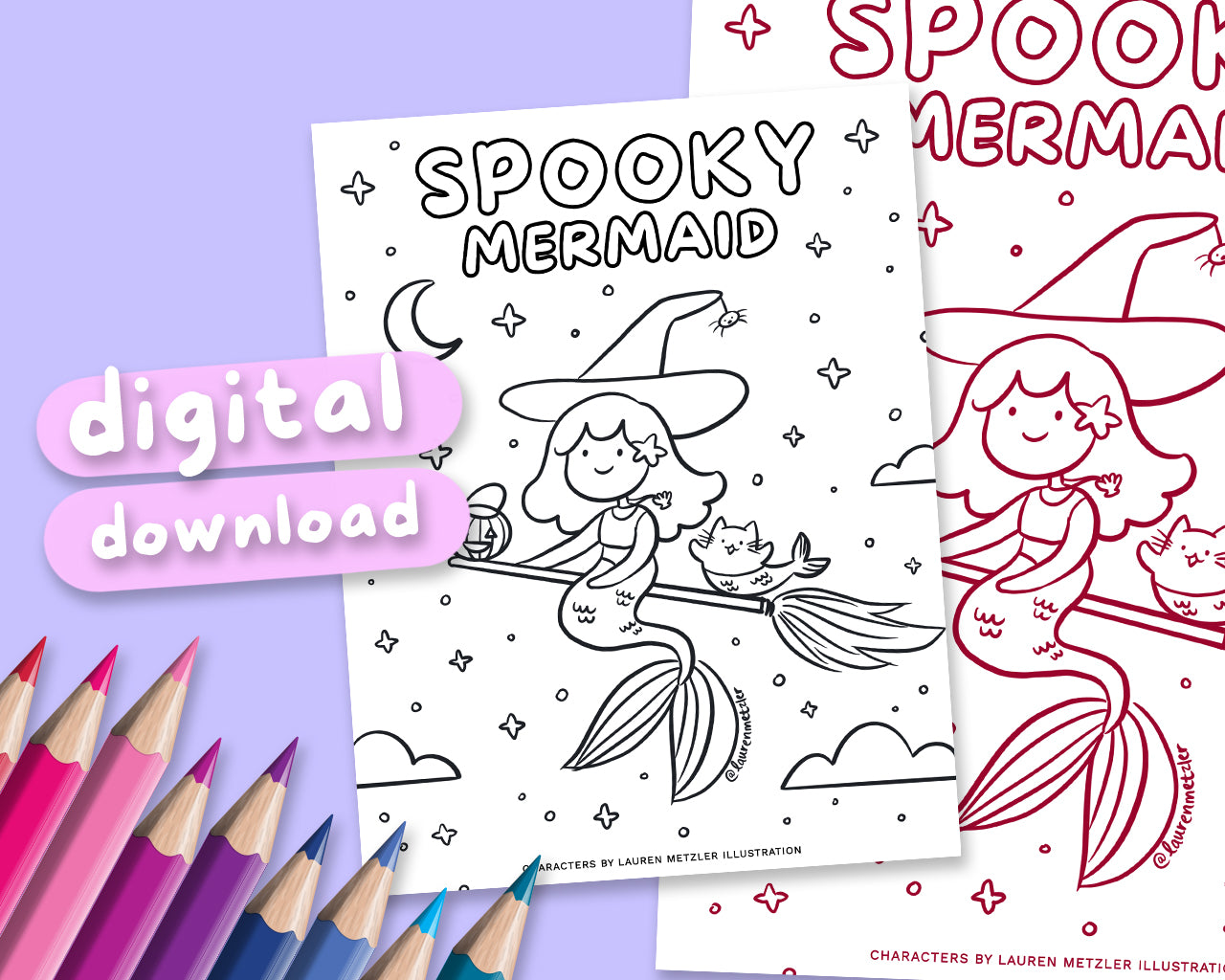 Spooky Mermaids Cute Kawaii Colouring Page Digital Download | Printable Spooky Mermaid Colouring Sheet for Home | Lauren Metzler Colouring Book Page