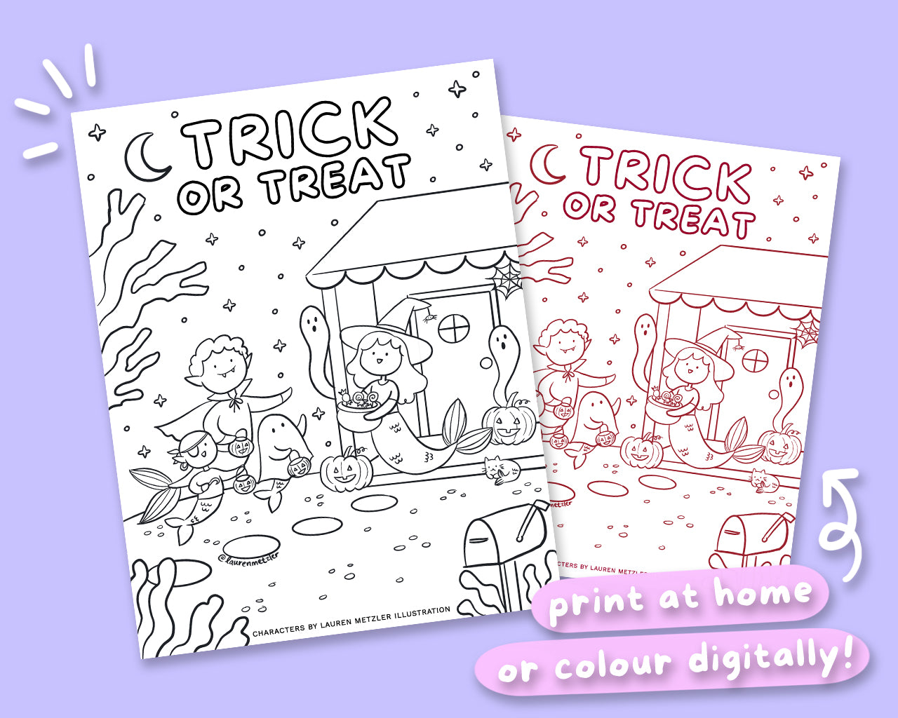Trick or Tread Mermaids Cute Kawaii Colouring Page Digital Download | Printable Trick or Tread Mermaids Colouring Sheet for Home | Lauren Metzler Colouring Book Page (Copy)
