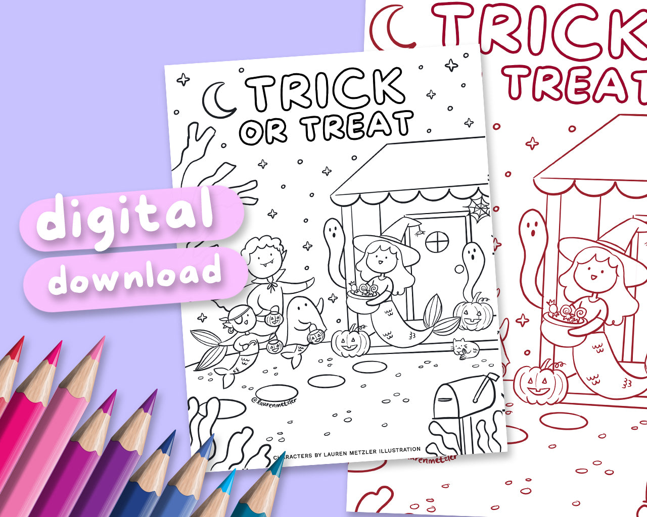 Trick or Tread Mermaids Cute Kawaii Colouring Page Digital Download | Printable Trick or Tread Mermaids Colouring Sheet for Home | Lauren Metzler Colouring Book Page (Copy)