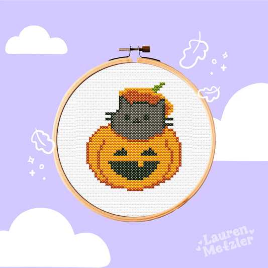 Butternut Pumpkin Cat Cross Stitch Pattern PDF | Cozy Fall Kitty Embroidery Design for Halloween & Autumn Decor
