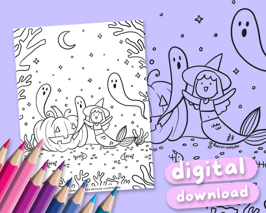 Ghost Mermaids Cute Kawaii Colouring Page Digital Download | Printable Ghost Mermaids Colouring Sheet for Home | Lauren Metzler Colouring Book Page (Copy) (Copy)