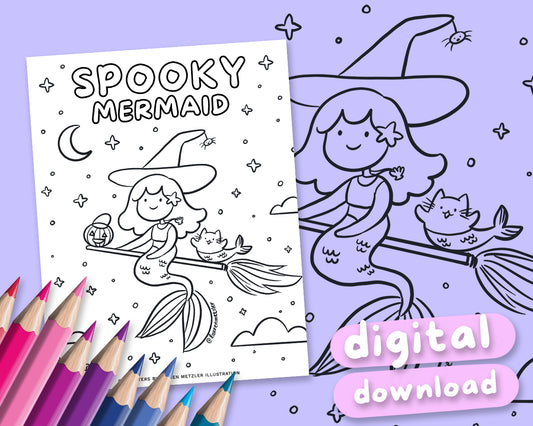 Spooky Mermaids Cute Kawaii Colouring Page Digital Download | Printable Spooky Mermaid Colouring Sheet for Home | Lauren Metzler Colouring Book Page