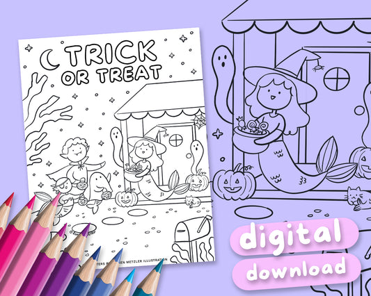 Trick or Tread Mermaids Cute Kawaii Colouring Page Digital Download | Printable Trick or Tread Mermaids Colouring Sheet for Home | Lauren Metzler Colouring Book Page (Copy)